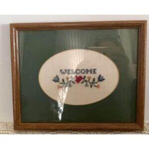 Welcome Cross Stitch Framed Rustic Wall Art 8.75"x10.75" Country Charm Décor